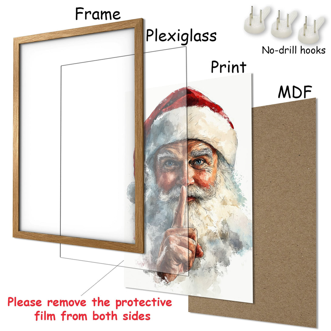 Framed Poster featuring Santa Claus in watercolor style with a warm, festive color palette. Perfect holiday decor!