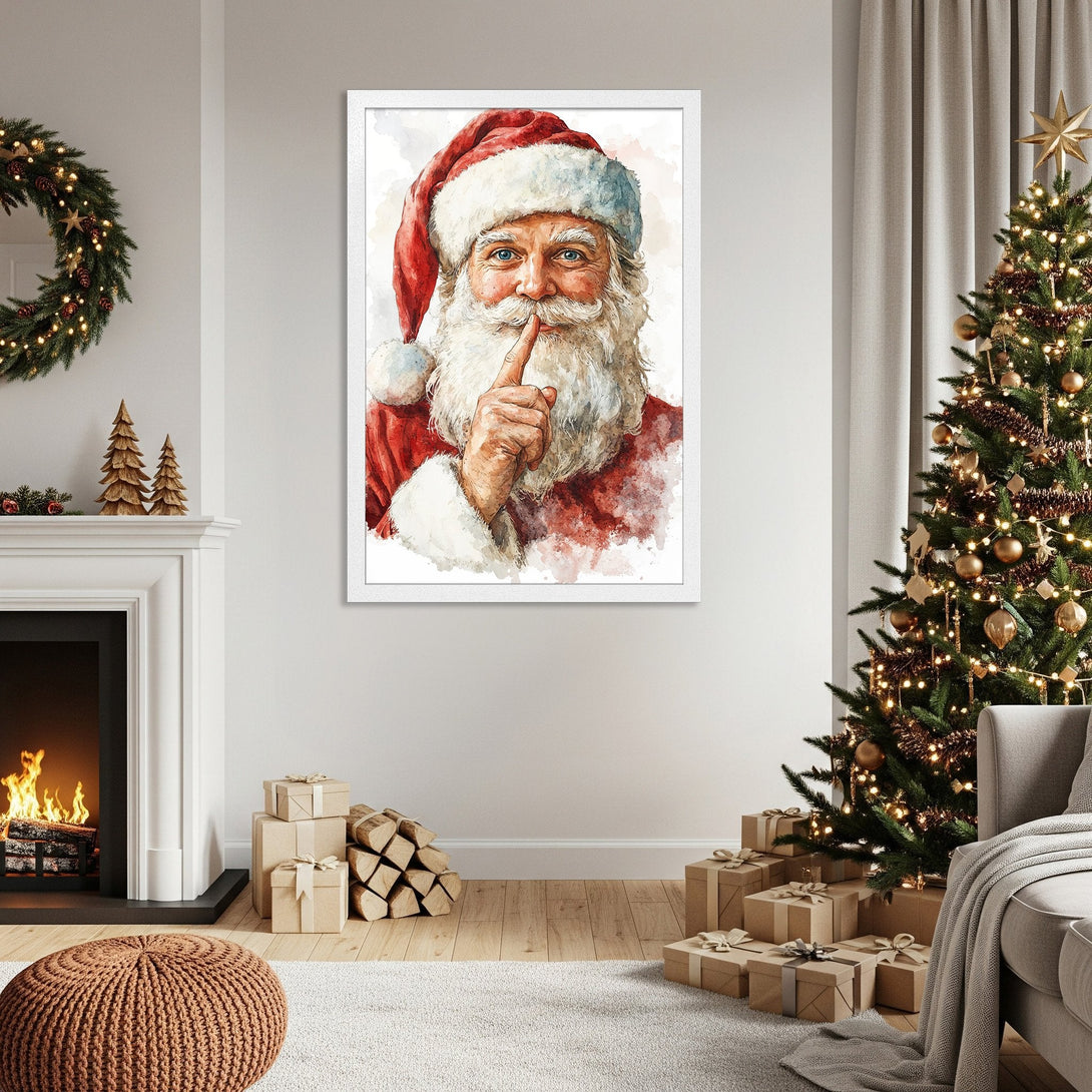 Framed Poster of Santa Claus in watercolor style, red and white palette, perfect Christmas decor.