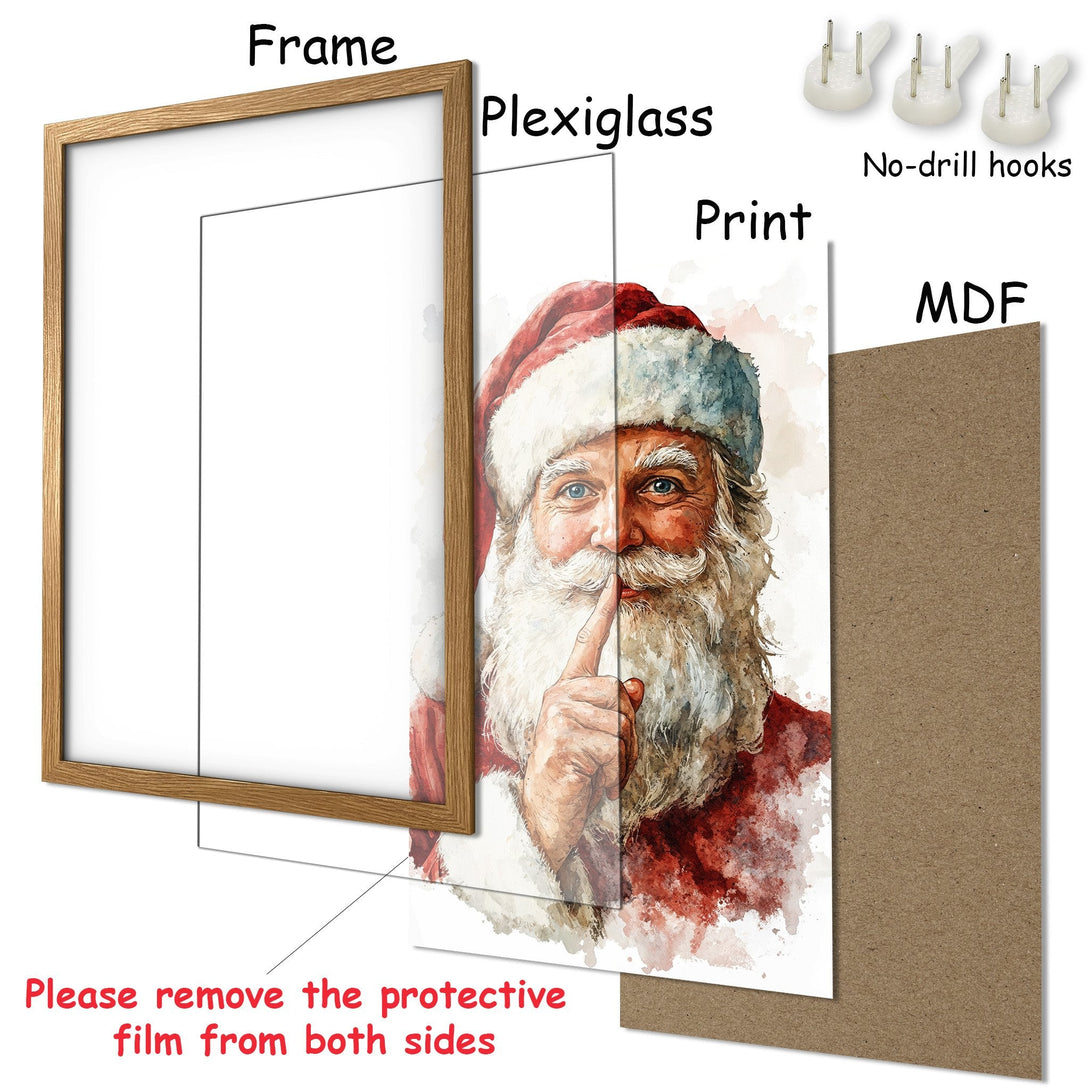 Framed Poster of Santa Claus in watercolor style, red and white palette, perfect for Christmas decor. Easy to hang!