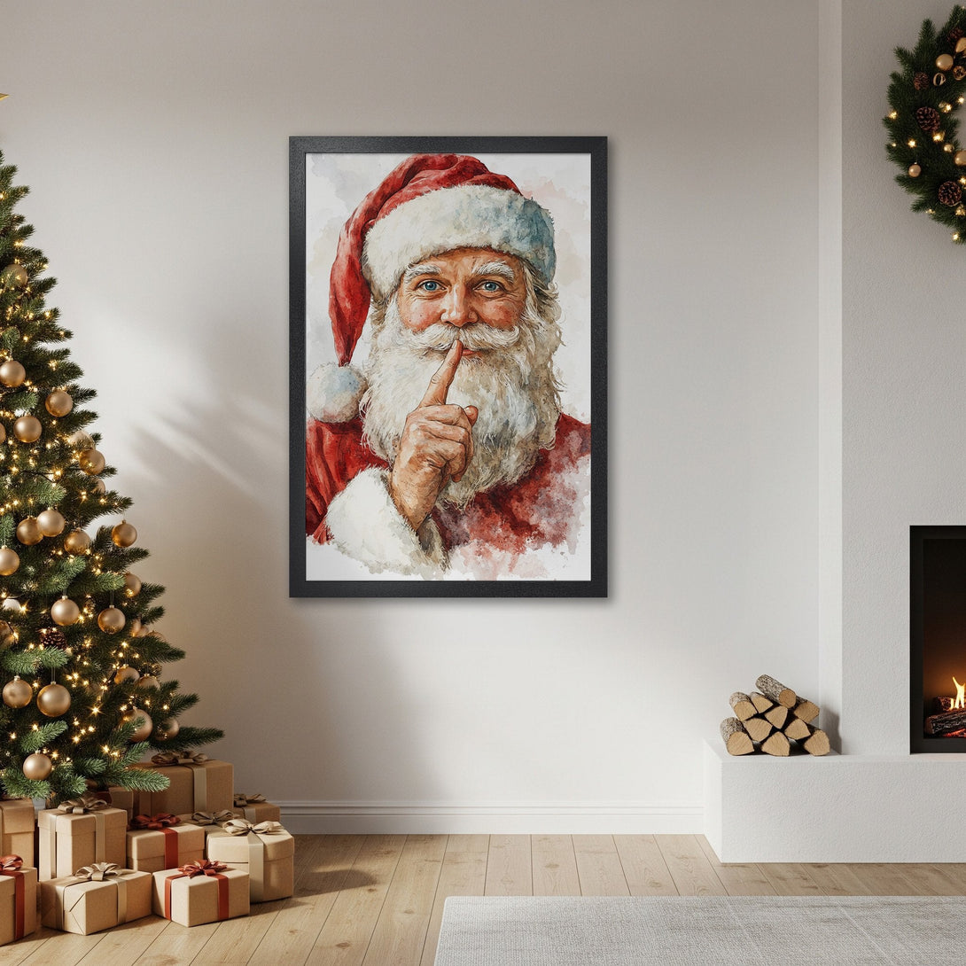 Framed Poster featuring Santa Claus in watercolor style, with red and white color palette, perfect for Christmas decor.