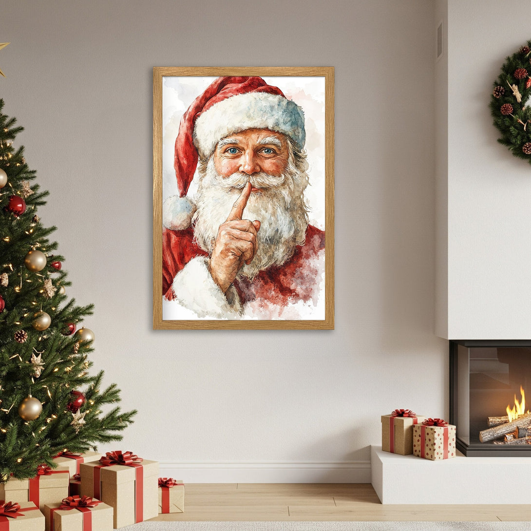 Framed Poster featuring Santa Claus in watercolor style. Festive red & white color palette, perfect Christmas decor!