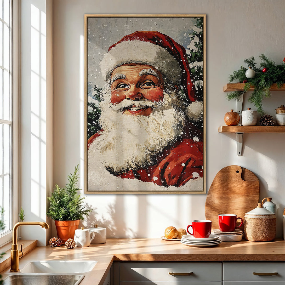Framed Wall Art featuring Santa Claus, painted in a classic style with a warm red, white, and green color palette, perfect for holiday decor.