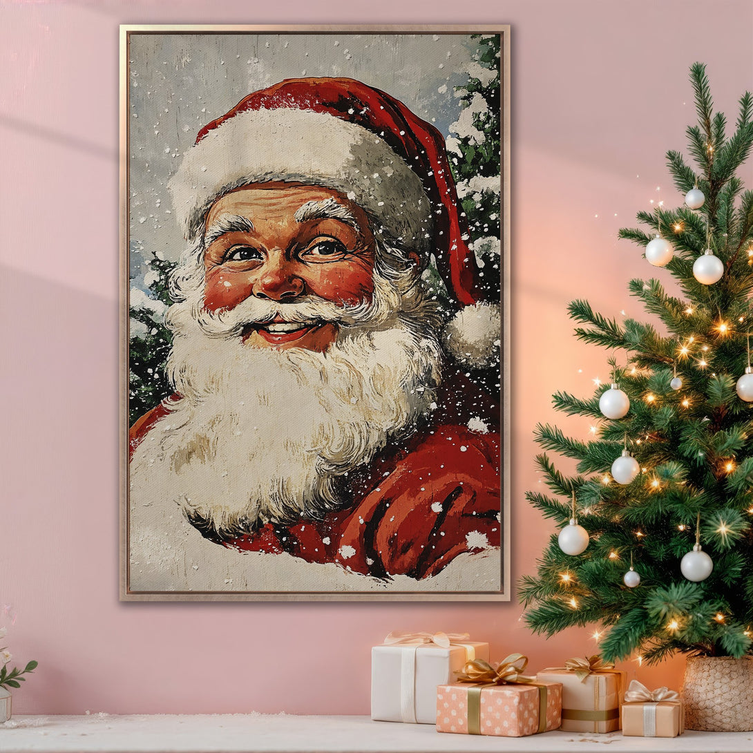 Framed Wall Art: Vintage Santa Claus portrait in red and white, perfect for Christmas decor. Festive art with a warm, inviting color palette.