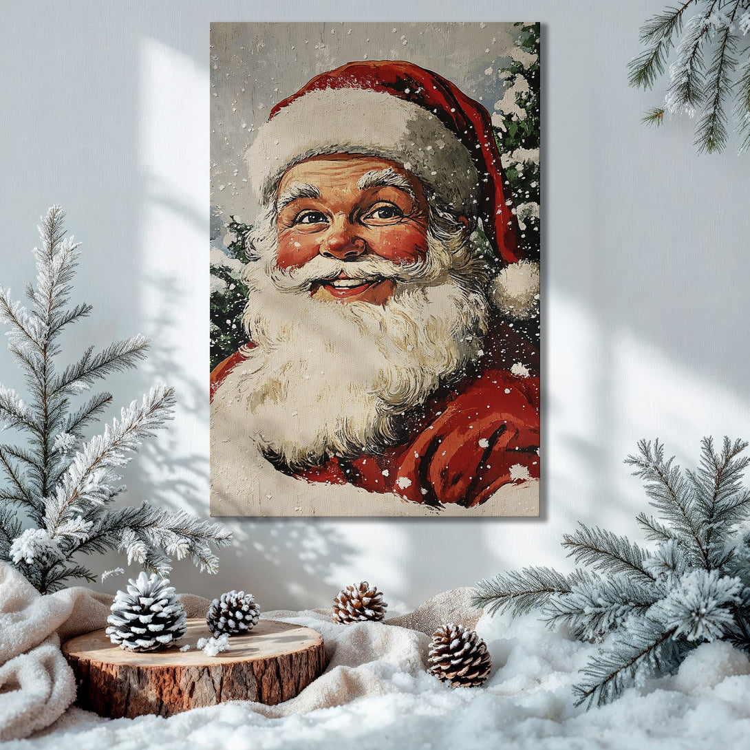 Framed Wall Art: Vintage Santa painting with red, white, and gold color palette. Perfect Christmas decor for a cozy interior.