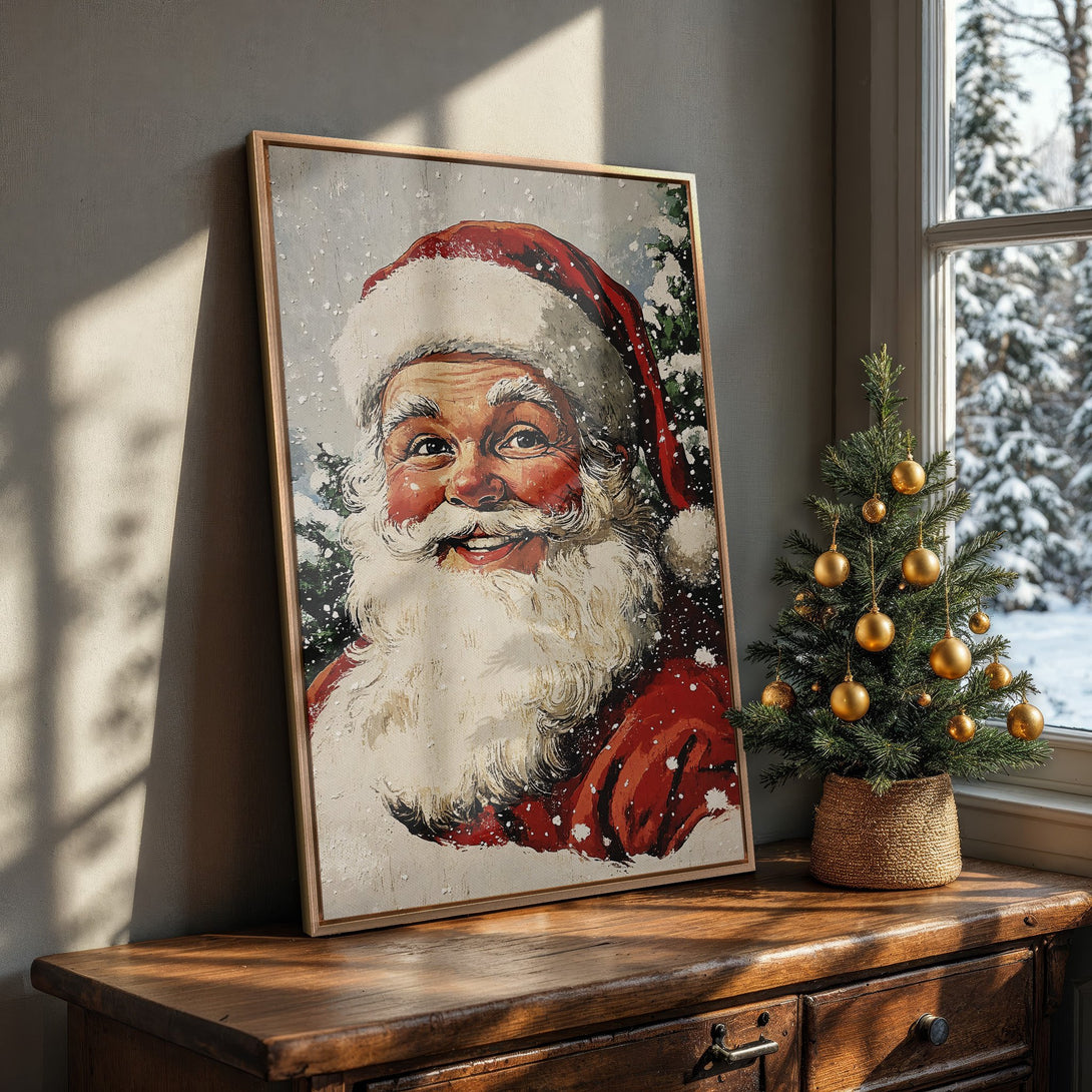 Framed Wall Art: Classic Santa Claus portrait in a warm, inviting interior. Featuring a festive red and white color palette, perfect for Christmas decor.