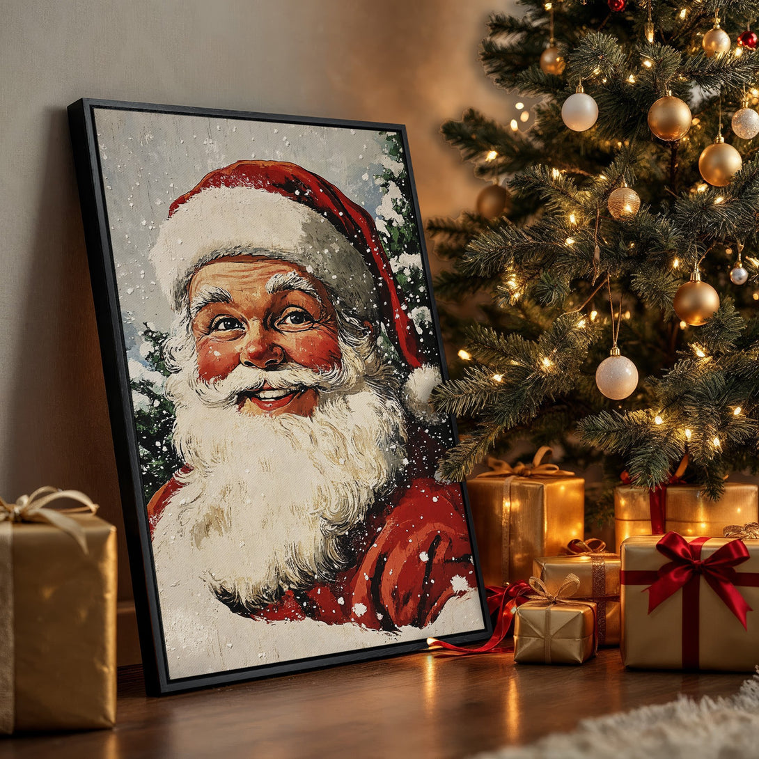 Framed Wall Art: Vintage Santa Claus portrait in a warm, festive Christmas scene. Red, white, and gold color palette. Perfect holiday decor!