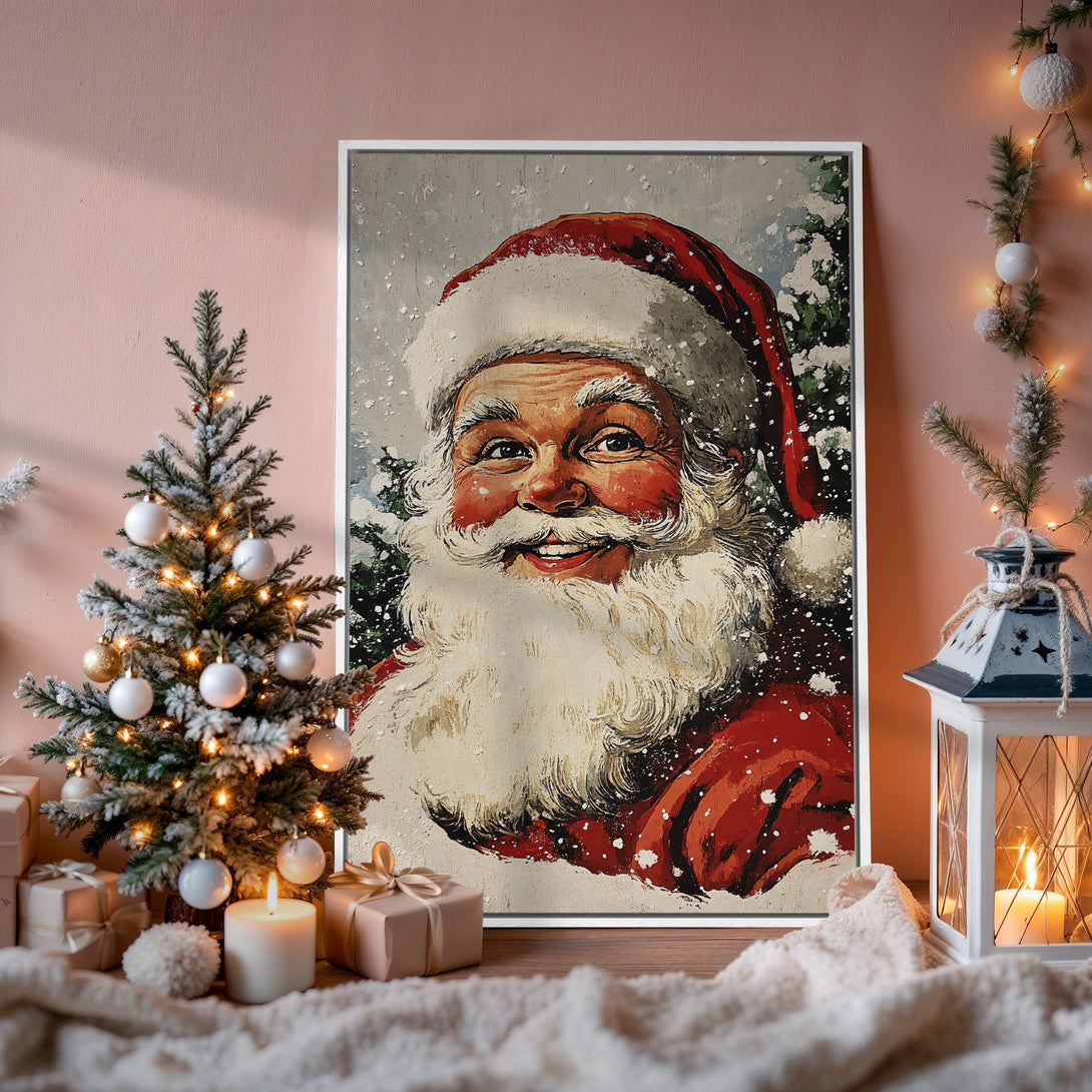 Framed Wall Art: Vintage Santa Claus portrait in a cozy Christmas scene. Classic style, warm red, white, and green color palette for holiday decor.