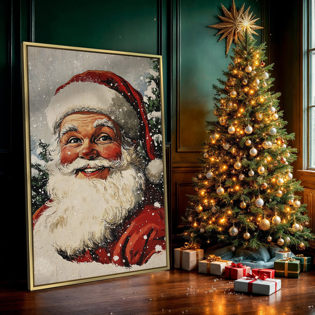 Canvas Print of Santa Claus portrait, vintage style, with red, white, and green color palette, perfect Christmas wall art.