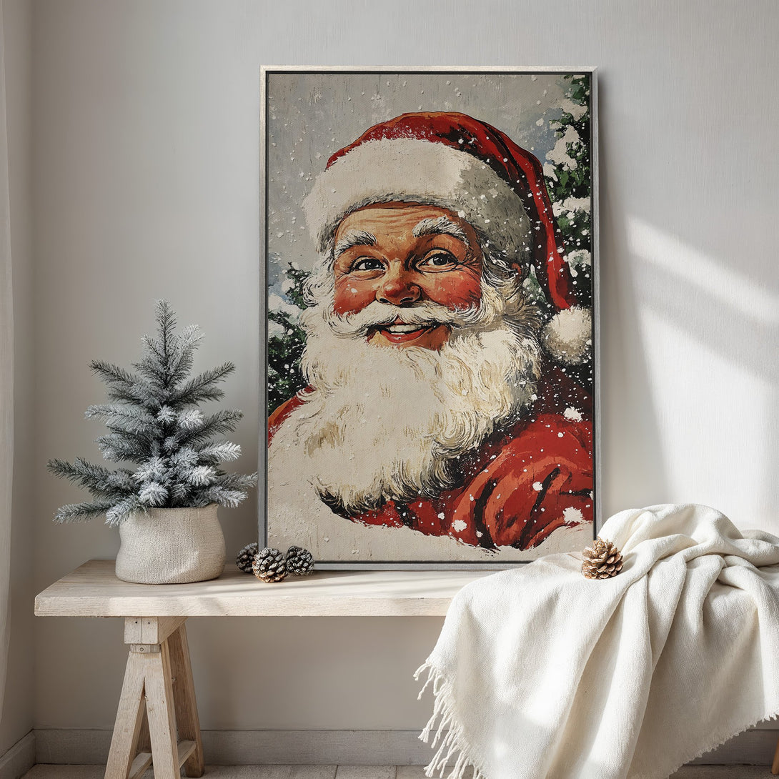 Framed Wall Art featuring a vintage Santa Claus illustration. Warm red, white, and green color palette. Perfect Christmas decor for a cozy, festive home.