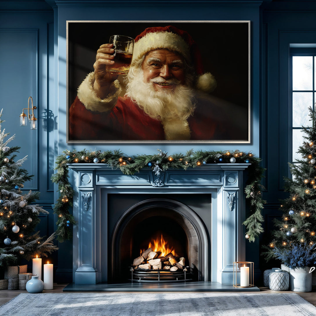 Framed Wall Art: Santa Claus portrait in a cozy Christmas interior. Rich red, blue, and gold color palette. Perfect holiday decor.