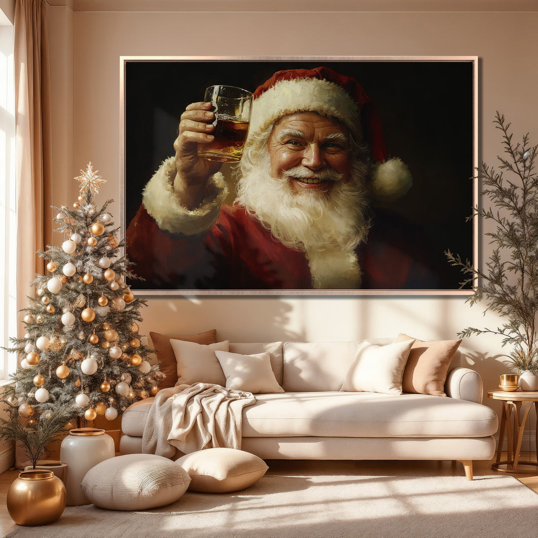 Framed Wall Art: Santa Claus toasting with a drink, warm color palette, festive holiday decor. Perfect for Christmas!