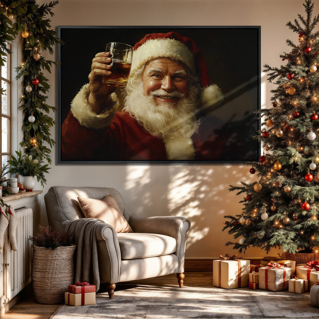 Framed Wall Art: Santa Claus portrait in a cozy Christmas interior. Warm, inviting color palette with red, gold, and beige hues. Perfect holiday decor!