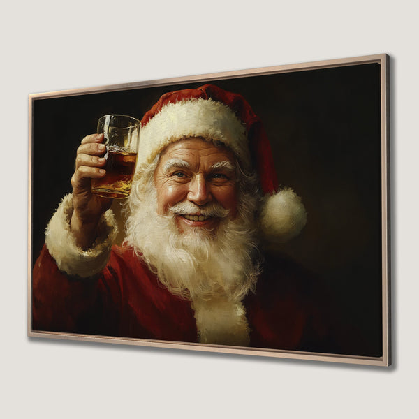 Framed Wall Art: Santa Claus portrait with a drink, warm red and gold color palette. Perfect Christmas decor for your home!