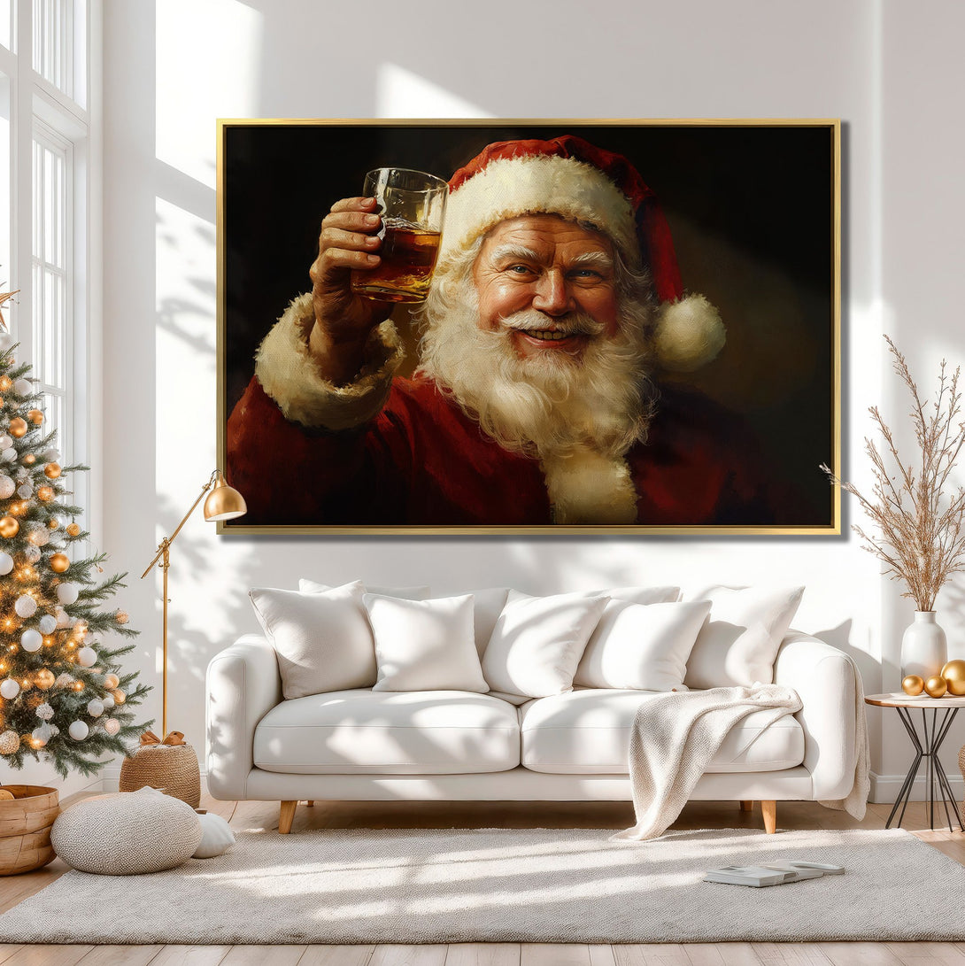 Canvas Print of Santa Claus toasting, warm color palette, perfect for Christmas decor. Festive framed wall art.