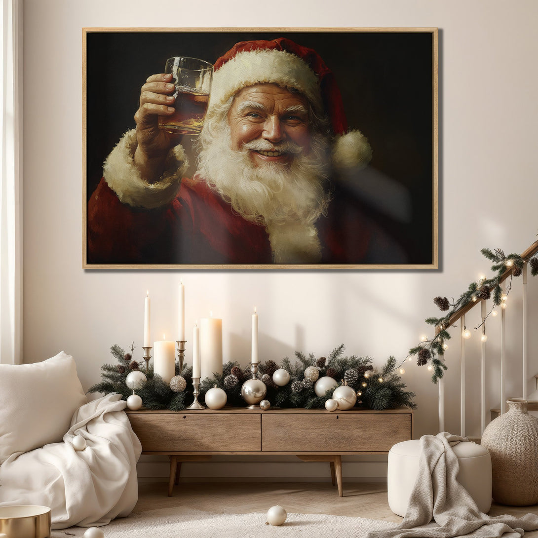 Framed Wall Art: Jolly Santa Claus portrait with a warm, inviting color palette. Perfect Christmas decor! Shop our Canvas Print collection for festive art.