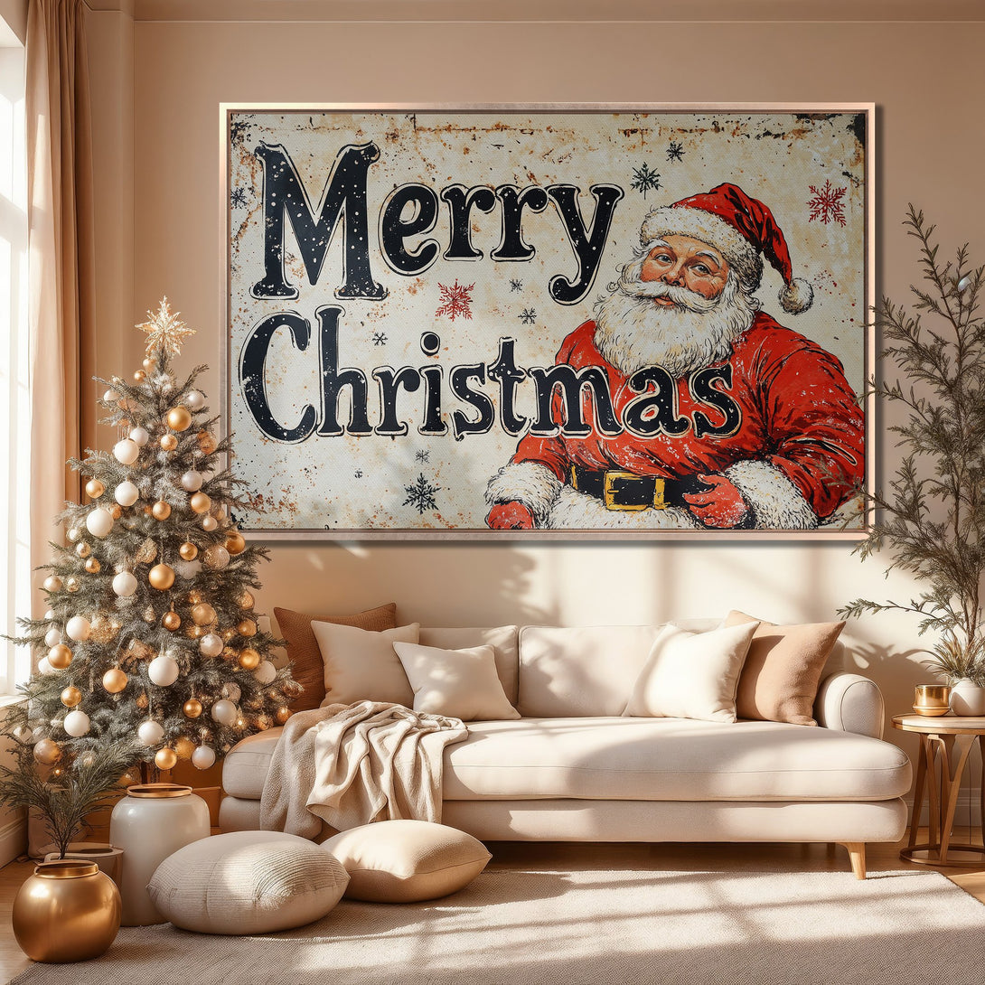 Framed Wall Art: Vintage Santa "Merry Christmas" print. Rustic style with red, black, and cream color palette. Perfect holiday decor for a cozy living room.