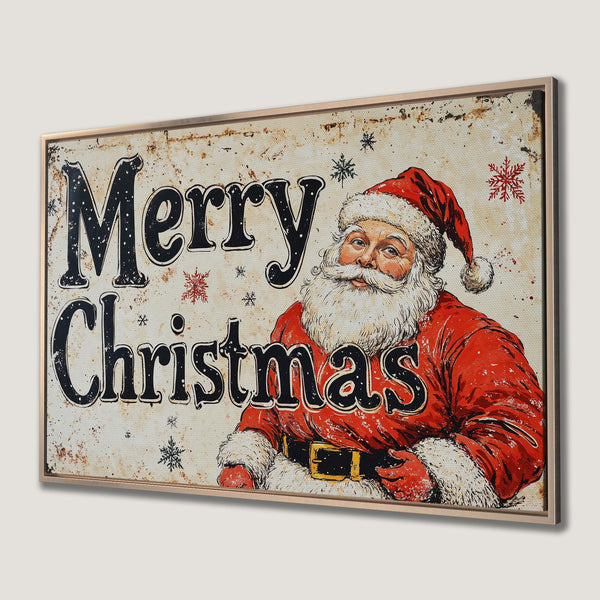 Framed Wall Art featuring Santa Claus with "Merry Christmas" text. Vintage style art in red, black, and cream color palette. Perfect holiday decor!