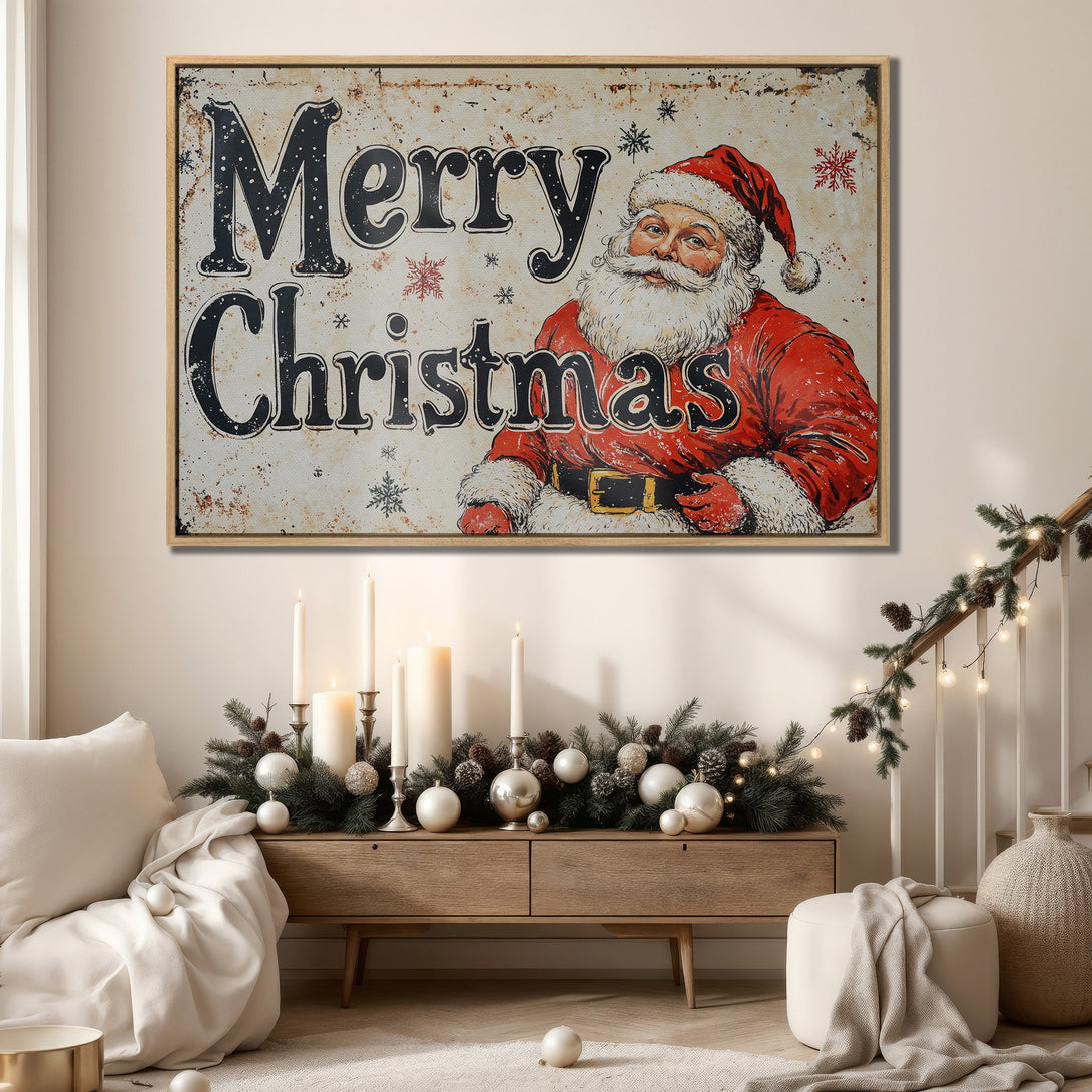 Framed Wall Art: Vintage Santa Claus "Merry Christmas" print in red and black. Rustic style, warm color palette. Perfect holiday decor!