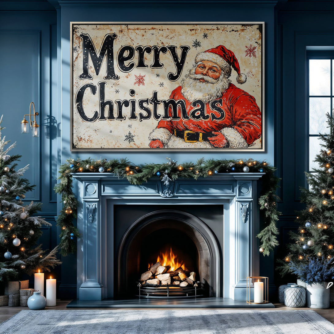 Framed Wall Art: Vintage Santa "Merry Christmas" print in a cozy blue interior. Festive holiday decor with red, black, and cream color palette.
