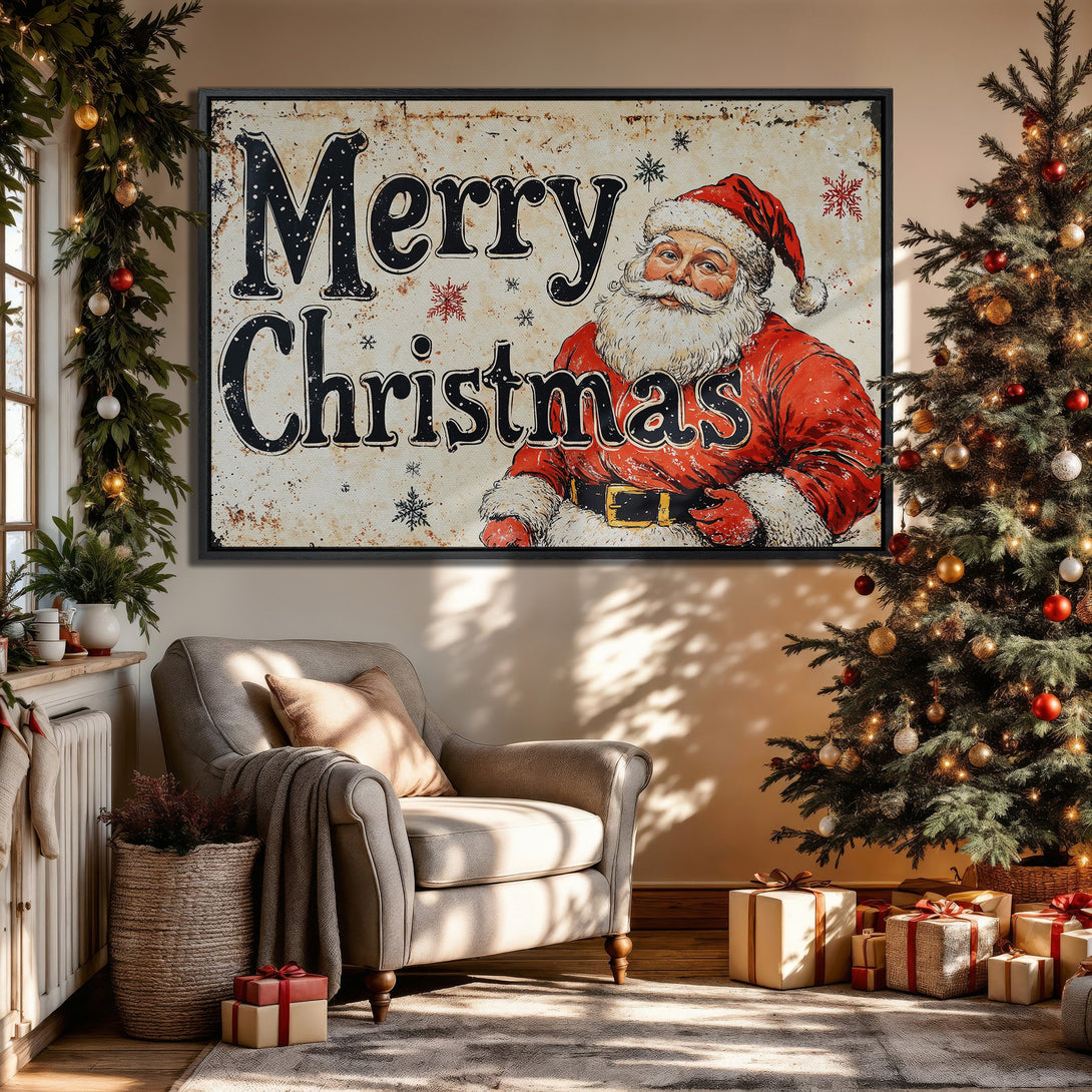 Framed Wall Art featuring Santa Claus "Merry Christmas" design in red and black, displayed in a cozy interior with warm, neutral tones. Perfect holiday decor!