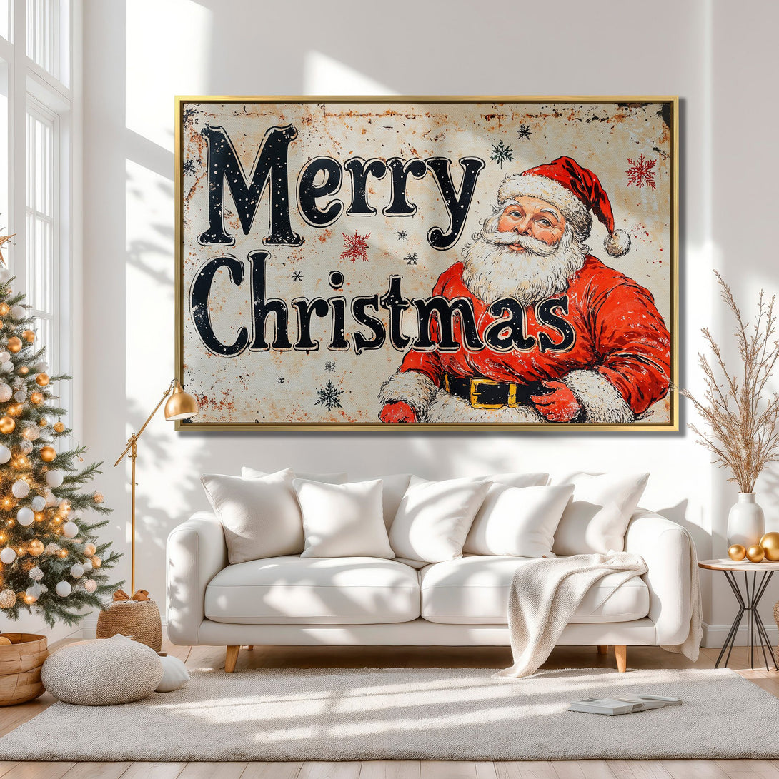 Canvas Print of Santa Claus "Merry Christmas" art in a cozy interior. Rustic style, warm red and neutral color palette. Perfect holiday decor!