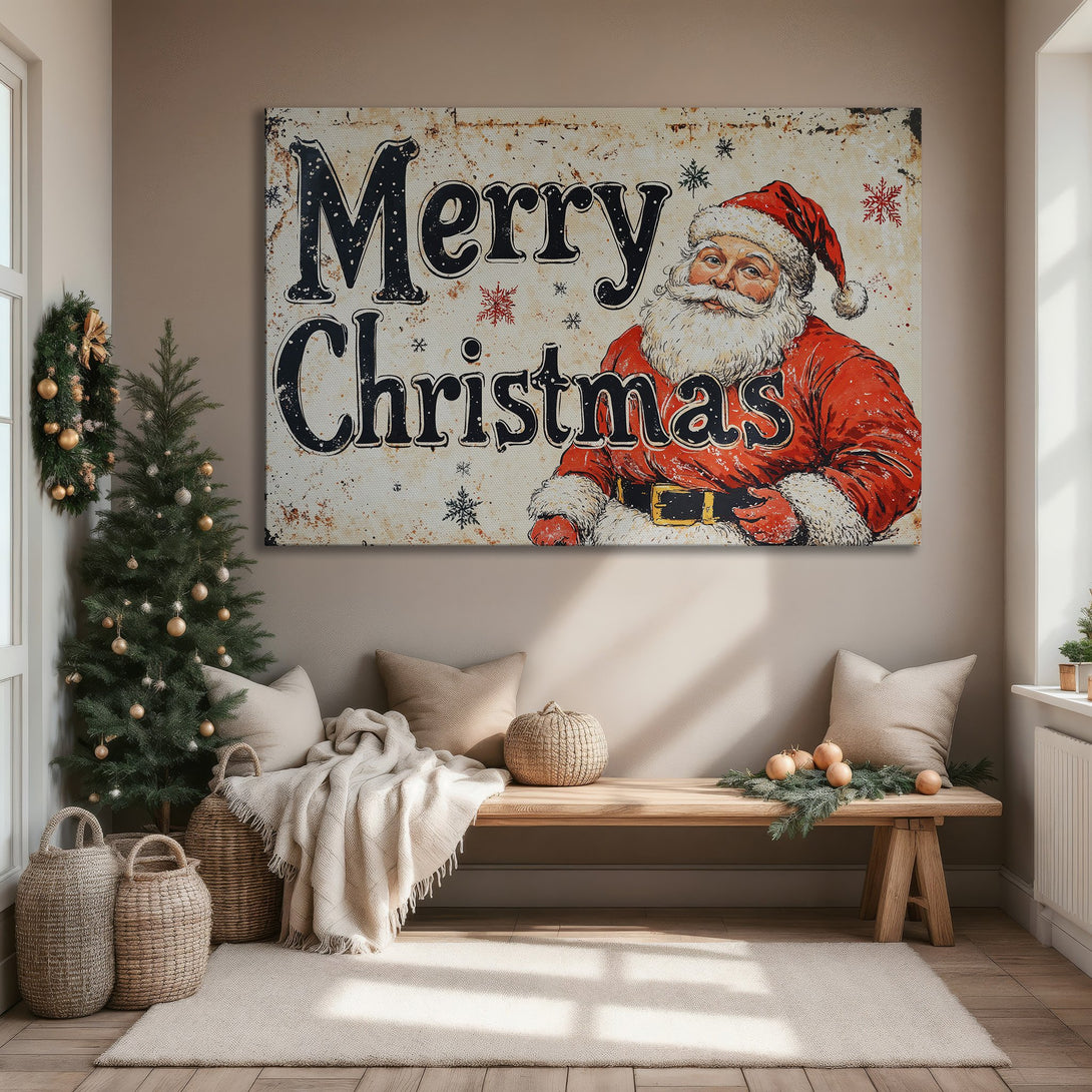 Framed Wall Art: Vintage Santa Claus "Merry Christmas" print in a cozy living room. Rustic style with red, black, and cream color palette. Perfect holiday decor!