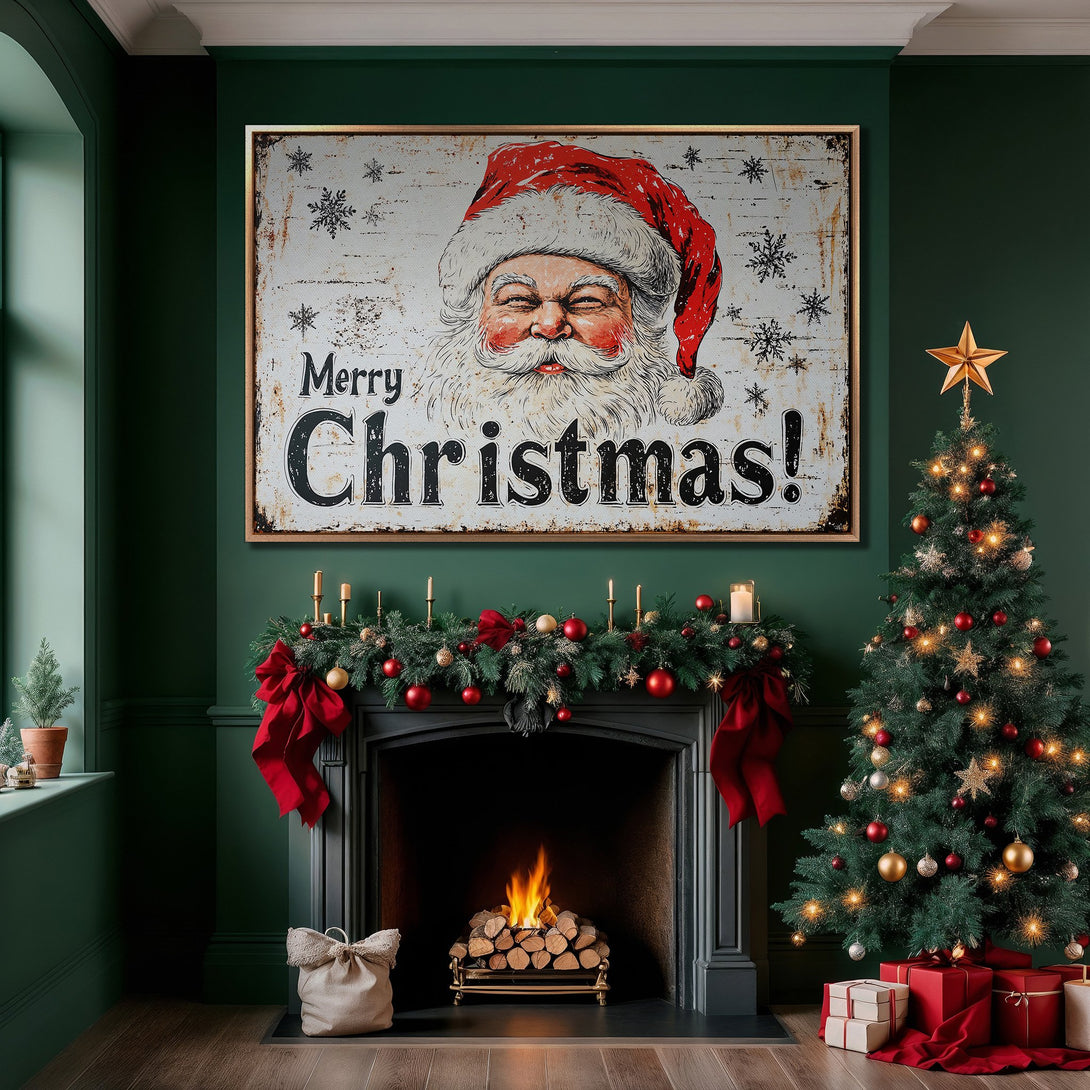Framed Wall Art: Vintage Santa Claus Canvas Print in cozy Christmas interior with green, red, and gold color scheme. Perfect holiday decor!