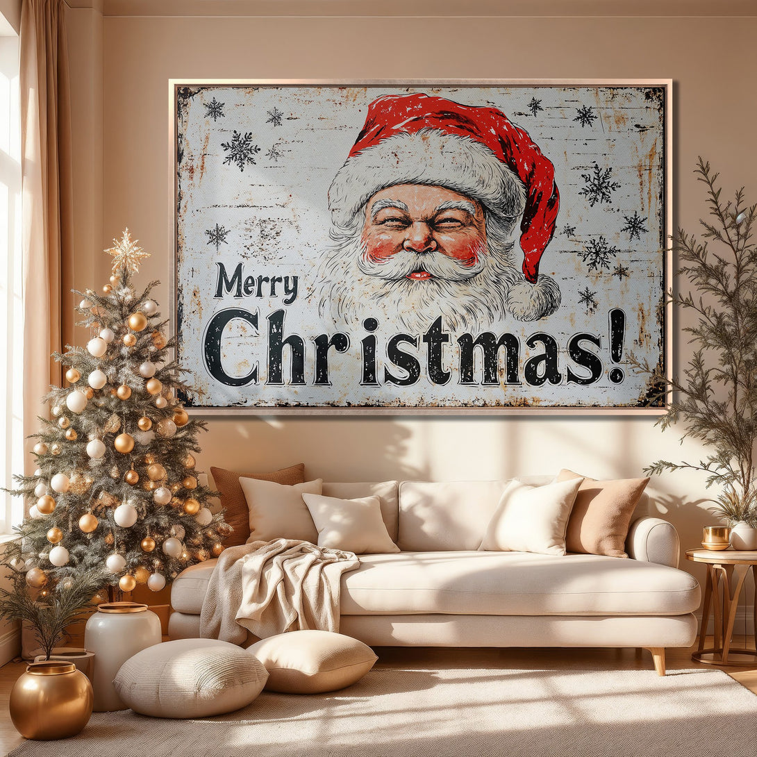 Framed Wall Art: Rustic Santa Claus "Merry Christmas" print in a cozy living room. Warm neutral tones with pops of red create a festive, inviting atmosphere.