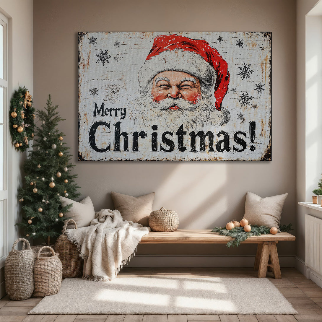 Framed Wall Art: Vintage Santa Claus "Merry Christmas" print. Rustic style with red, white, and black color palette. Perfect holiday decor for your home!
