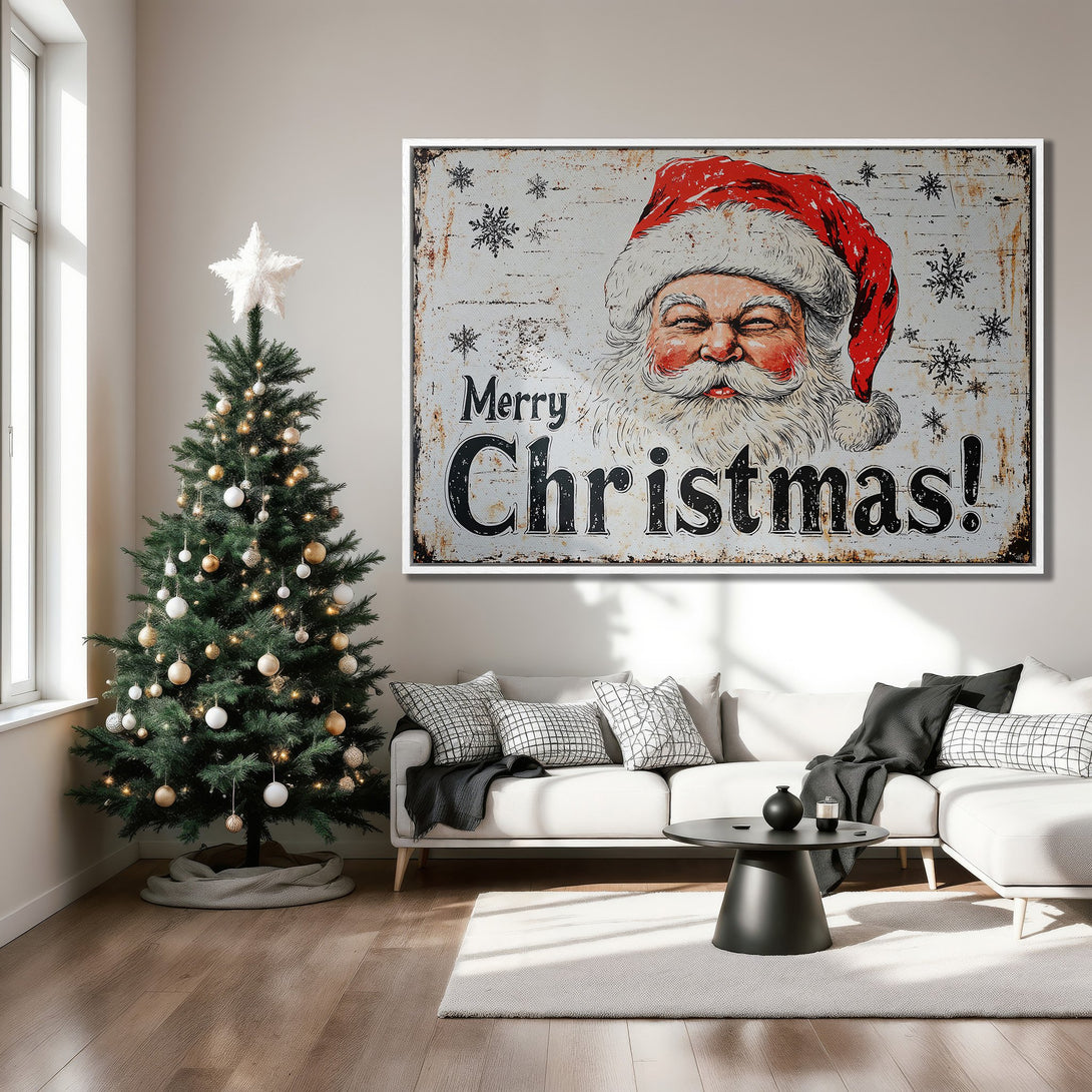 Framed Wall Art: Vintage Santa Claus Canvas Print in a cozy living room. Rustic style with red, white, and black color palette. Perfect Christmas decor!
