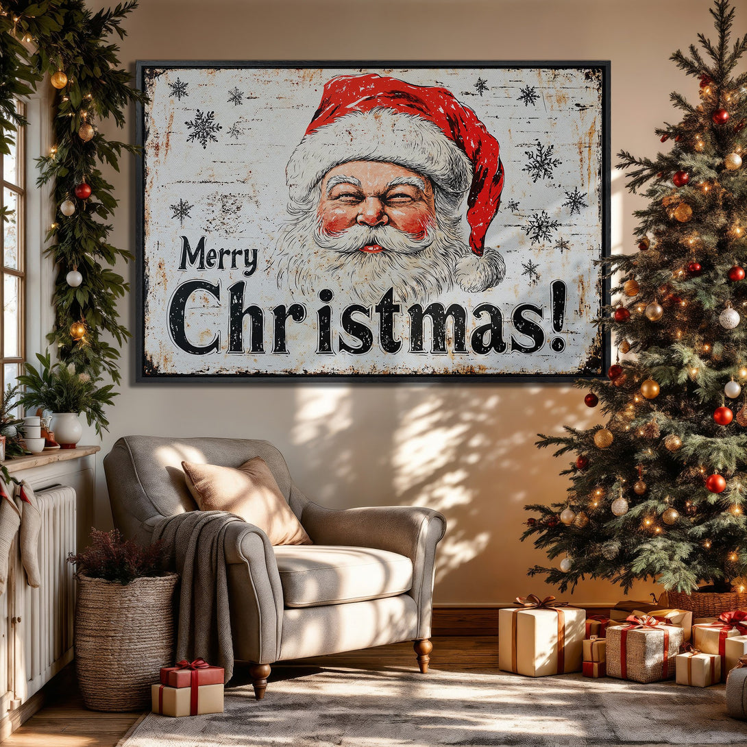 Framed Wall Art: Vintage Santa Claus print in a cozy Christmas interior. Rustic style with red, white, and black color palette. Perfect holiday decor.