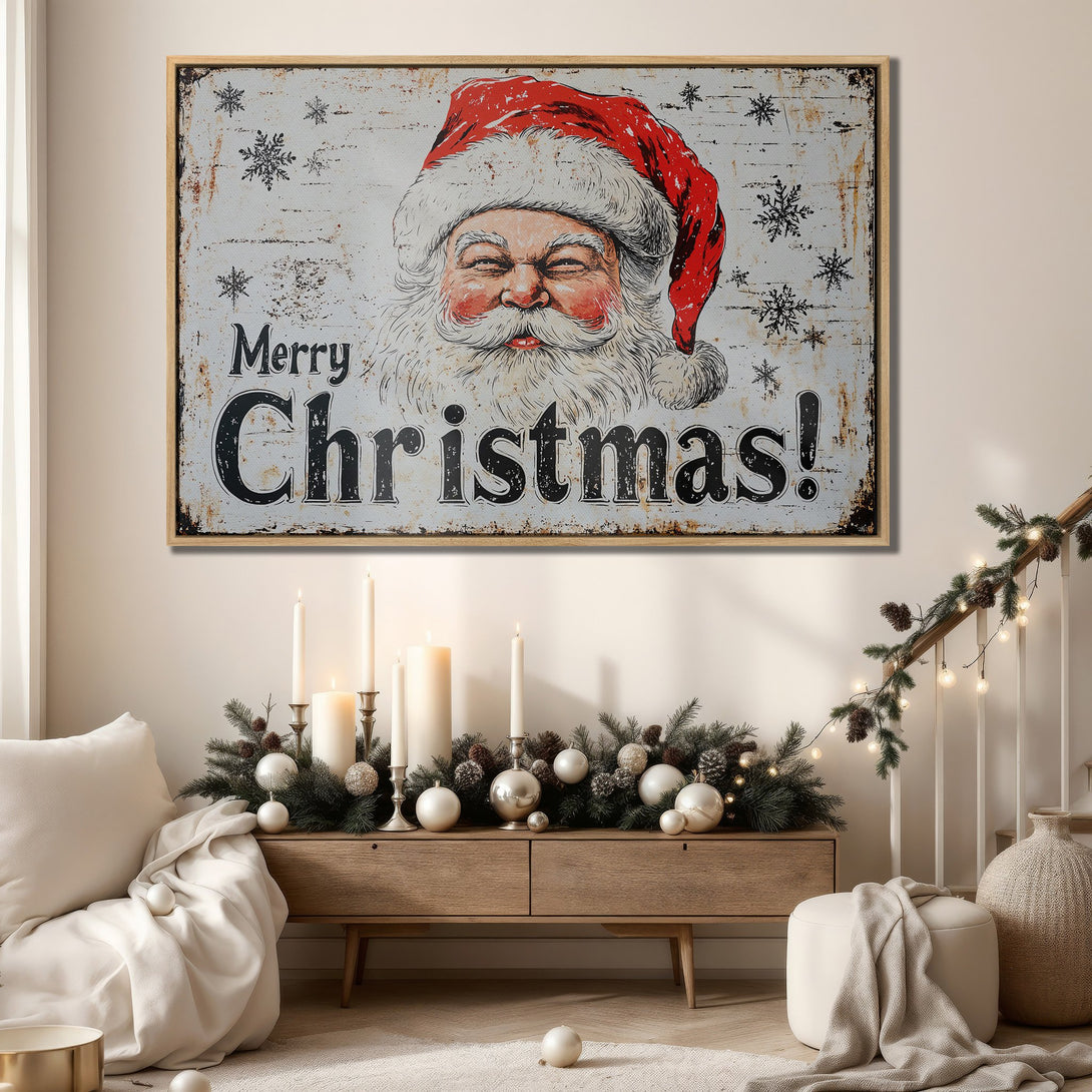 Framed Wall Art: Vintage Santa Claus Canvas Print in rustic style. Festive red, white, and black color palette. Perfect Christmas decor for a cozy home.