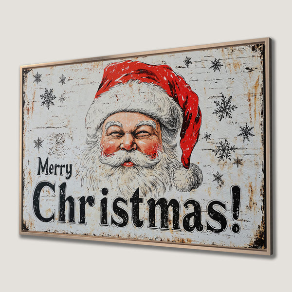 Framed Wall Art: Vintage Santa Claus Christmas print with red, white, and black color palette. Rustic style canvas print for holiday home decor.