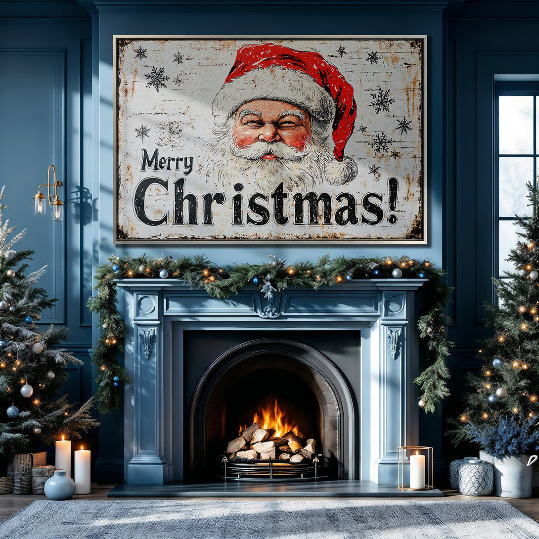 Framed Wall Art: Rustic Santa Claus "Merry Christmas" print in a blue interior. Festive holiday decor with a warm, inviting color palette.
