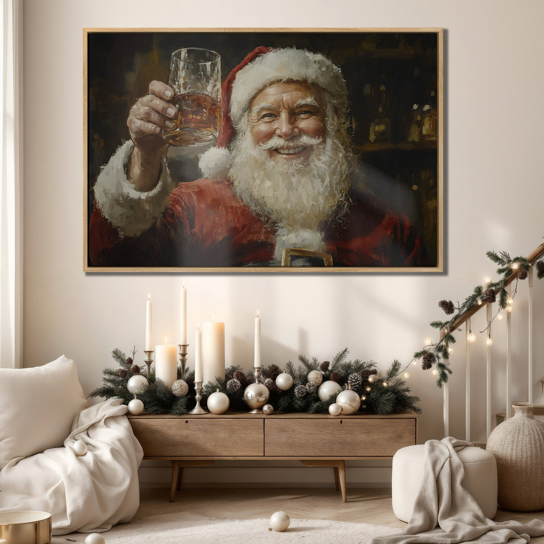 Framed Wall Art: Santa Claus portrait with warm color palette, perfect for Christmas decor. Classic style canvas print adds festive cheer to any room.