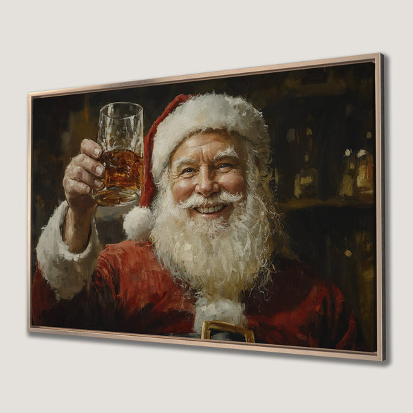 Framed Wall Art: Santa Claus toasting with a drink. Classic oil painting style with a warm, festive color palette. Perfect holiday decor!