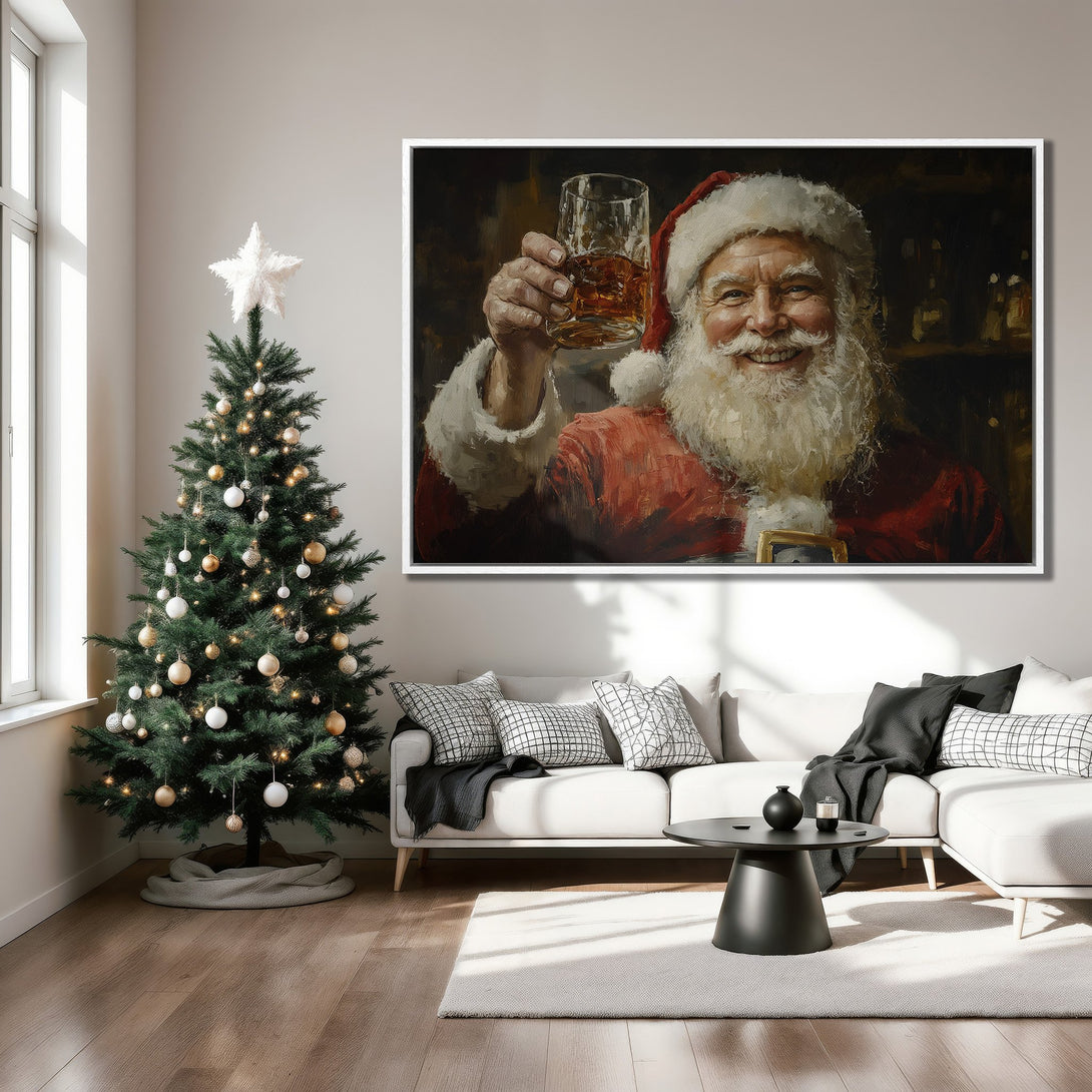 Framed Wall Art of Santa Claus toasting, oil painting style. Festive red, white, and brown color palette. Perfect Christmas decor for your living room.