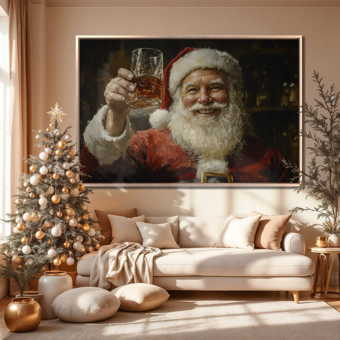 Framed Wall Art Canvas Print of Santa Claus toasting, warm color palette, perfect for holiday decor. Festive and inviting!