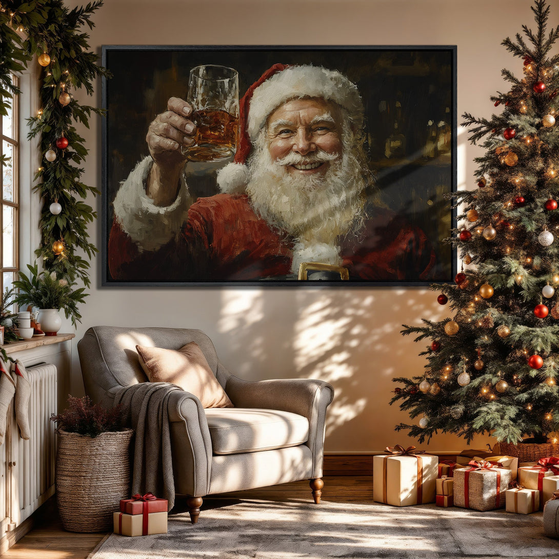 Framed Wall Art: Festive Santa Claus portrait in warm tones. Classic painting style, perfect for Christmas decor. Adds holiday cheer to any room!