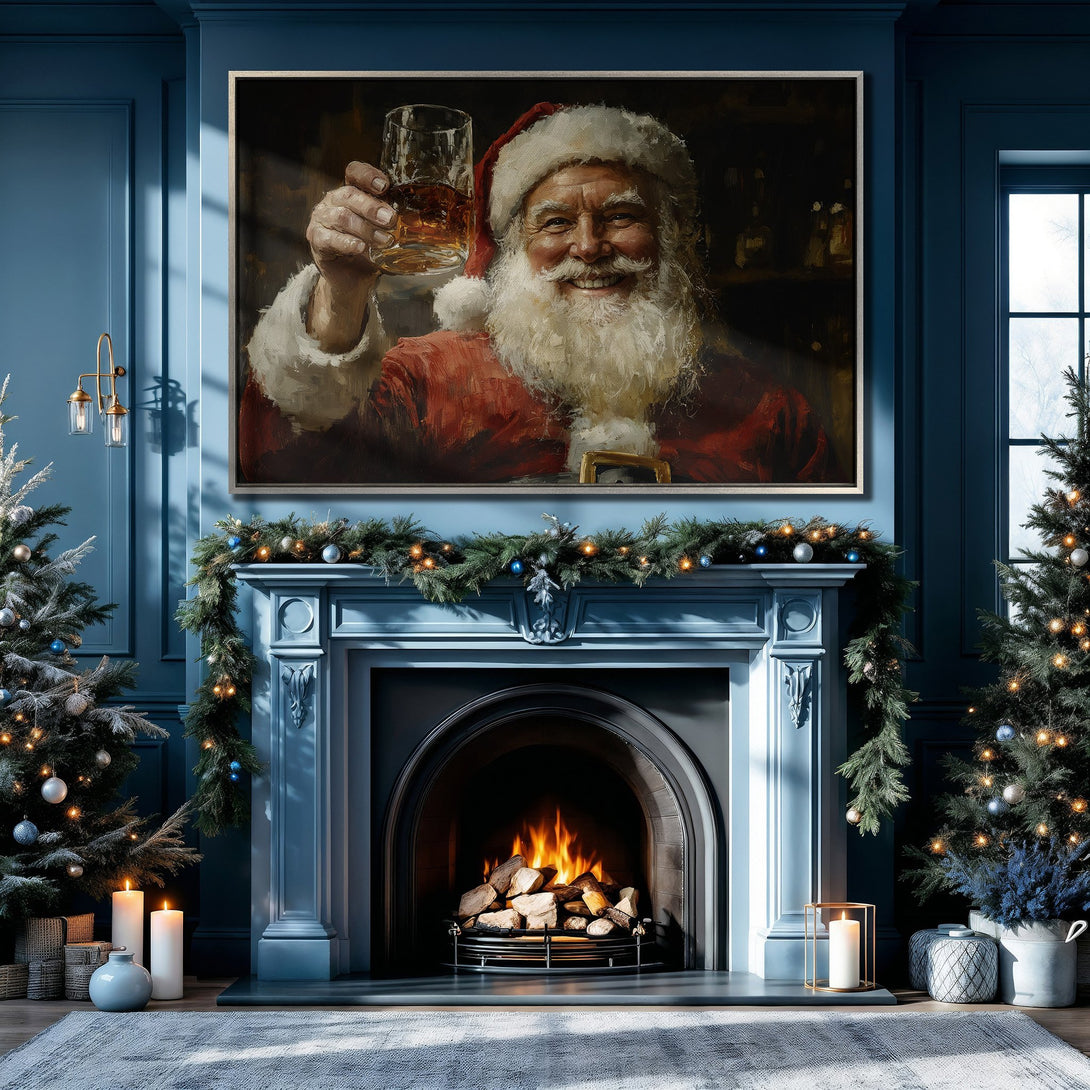 Framed Wall Art: Santa Claus portrait in a festive Christmas setting. Rich red, blue, and gold color palette. Perfect holiday decor for any home.