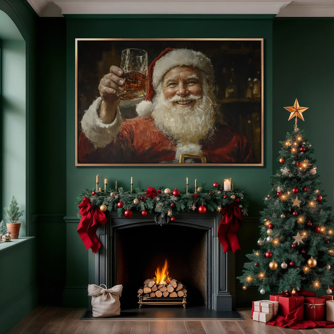 Framed Wall Art: Santa Claus portrait in a festive green room. Warm, inviting color palette with red accents. Perfect Christmas decor!