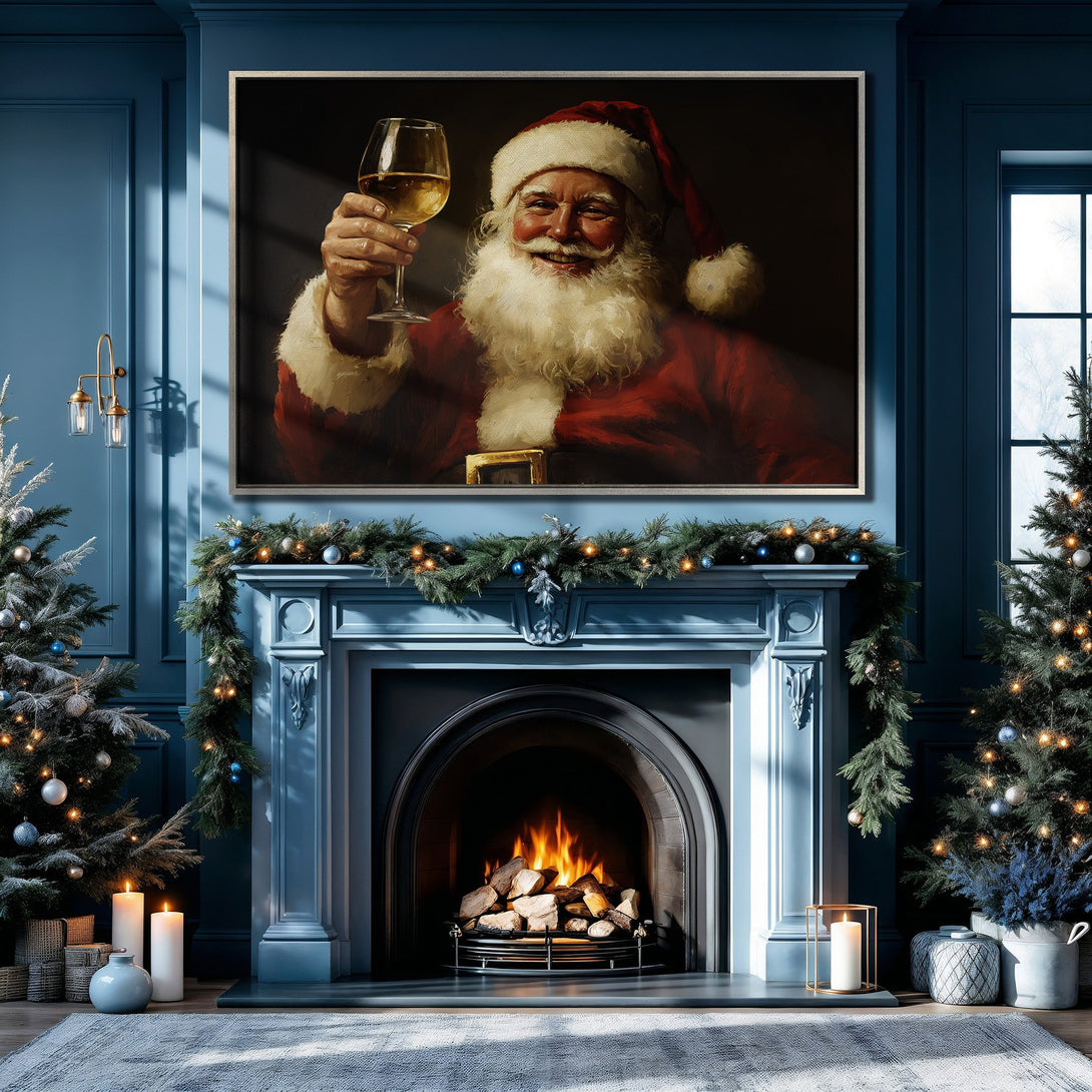 Framed Wall Art of Santa Claus toasting, warm red and gold palette, displayed in a cozy blue interior with Christmas decor. Perfect holiday art!