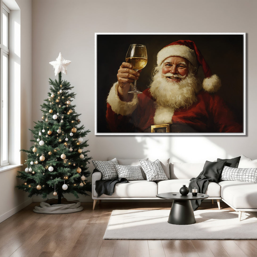 Framed Wall Art: Santa Claus toasting with wine. Festive canvas print in red, white, and gold, perfect for Christmas decor. Classic style, ideal for living rooms.