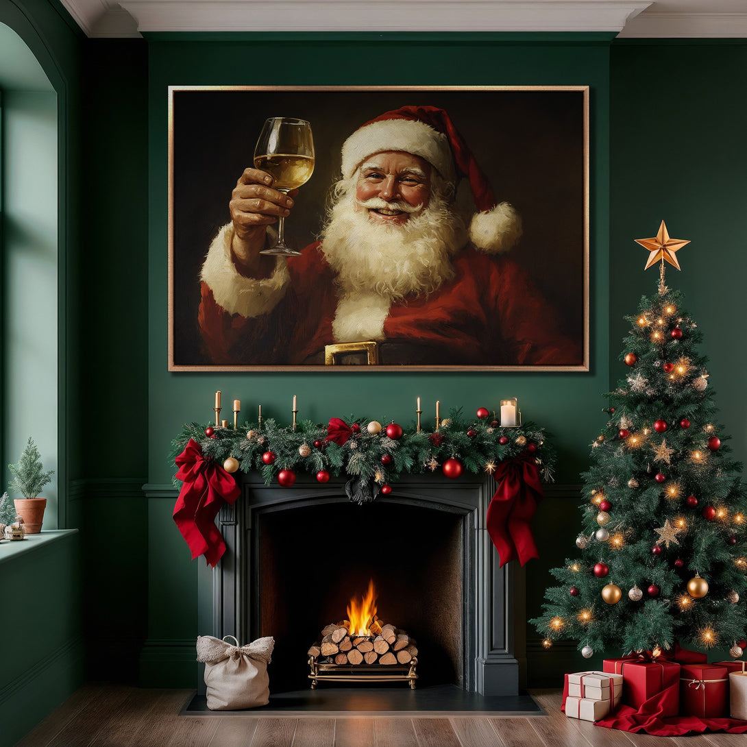 Framed Wall Art: Festive Santa Claus portrait in a cozy Christmas interior. Rich red, green, and gold color palette. Perfect holiday decor!