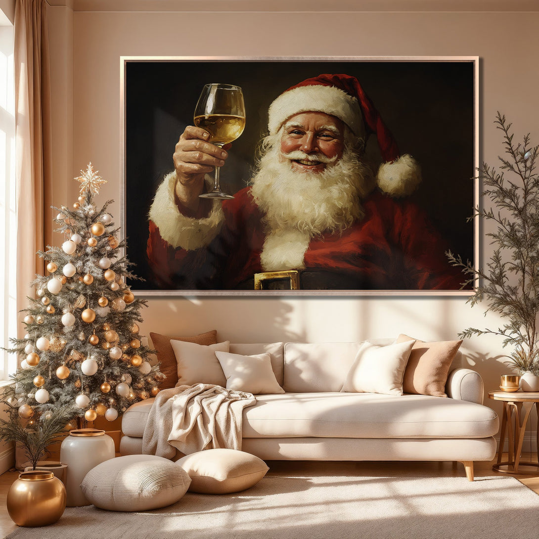Framed Wall Art of Santa Claus toasting, warm color palette. Festive holiday decor for your home. Canvas Print of a jolly Santa.