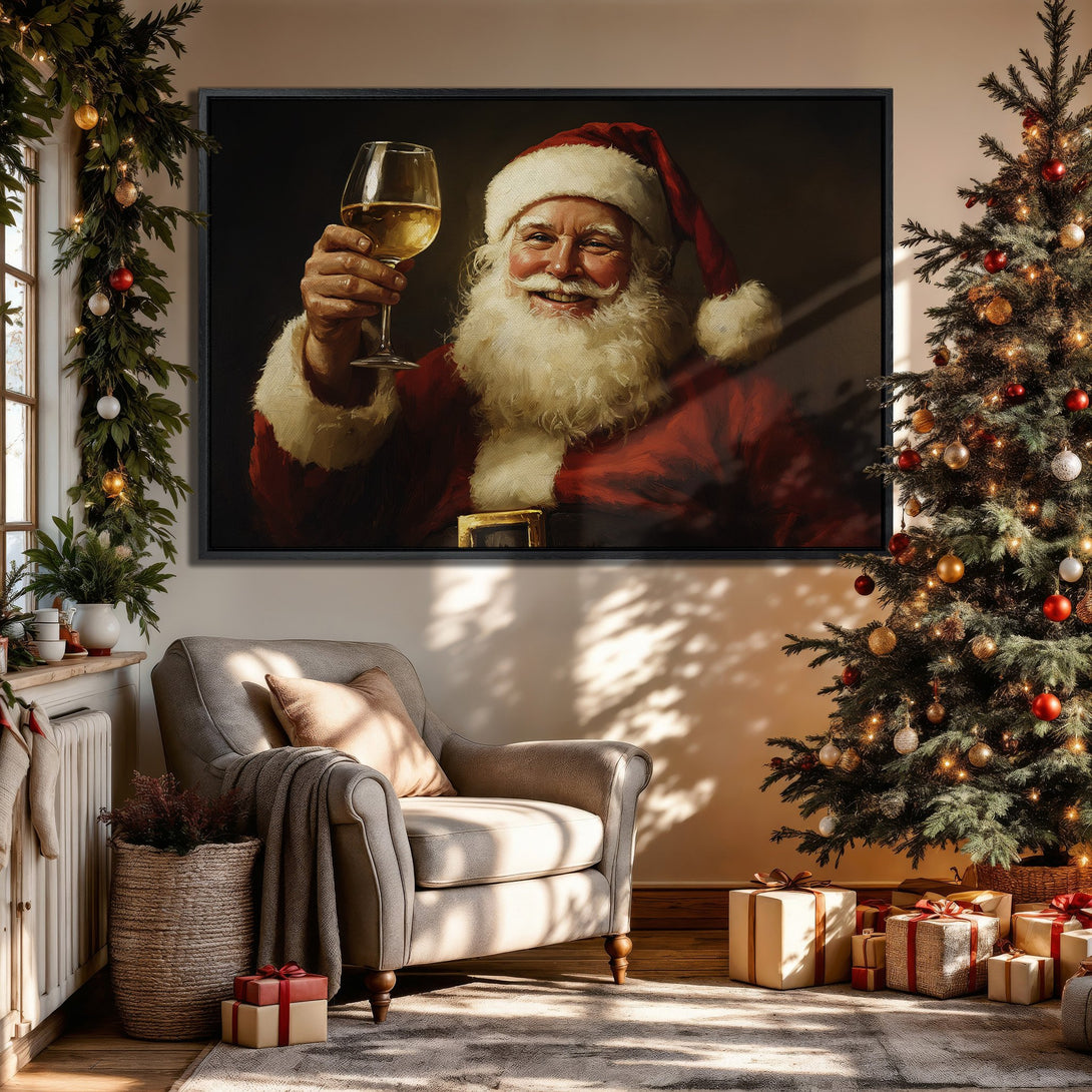Framed Wall Art: Santa Claus portrait in warm red and gold tones. Festive Christmas decor with a cozy, inviting interior. Perfect holiday gift!