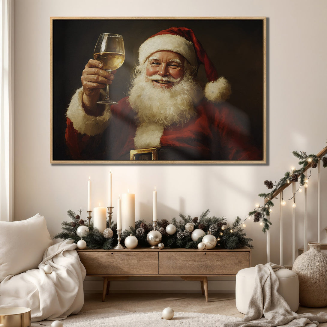 Framed Wall Art: Santa Claus portrait in rich red and gold tones. Festive holiday decor with a warm, inviting color palette. Perfect Christmas gift!