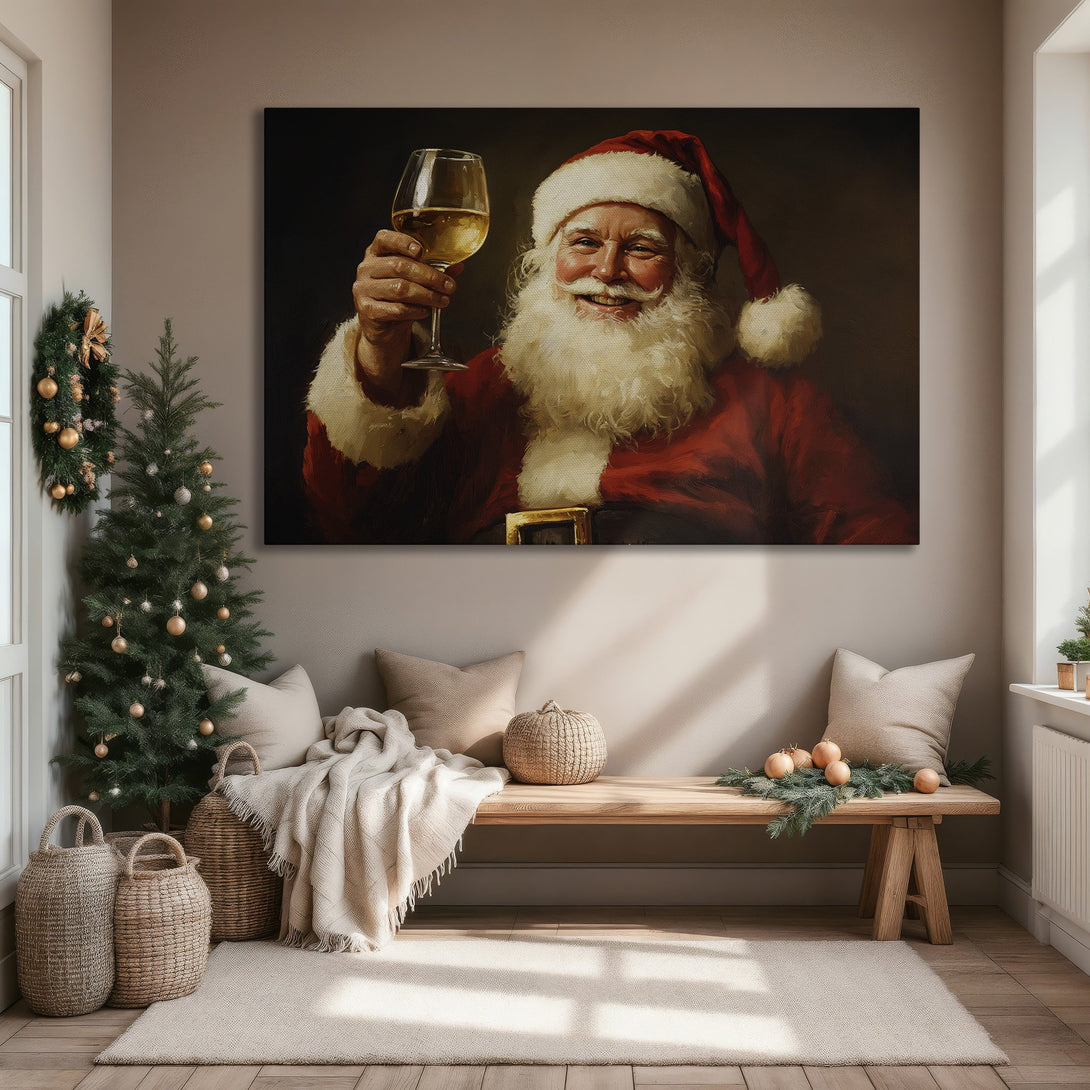 Framed Wall Art of Santa Claus toasting with wine. Classic style, rich red, gold, and cream color palette. Perfect Christmas decor.
