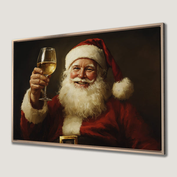 Framed Wall Art: Santa Claus toasting with wine. Festive holiday decor in warm red, gold, and cream tones. Perfect Christmas gift!