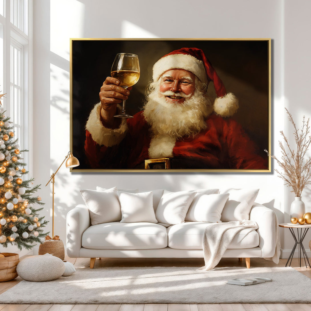 Canvas Print of Santa Claus toasting with wine, classic style, warm red and neutral color palette, perfect for Christmas decor.